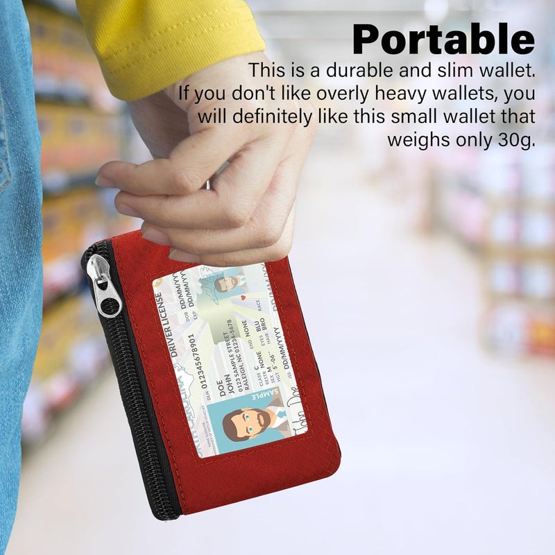 ZHOMA Minimalist RFID Wallet with Lanyard, Multi-Functional ID Case with 2 Zipper Pockets and Key Chain for Men and Women, Tactical Badge Pouch Cards Holder, Coin Purse for Travel Sports - Red&Pink - Image 2